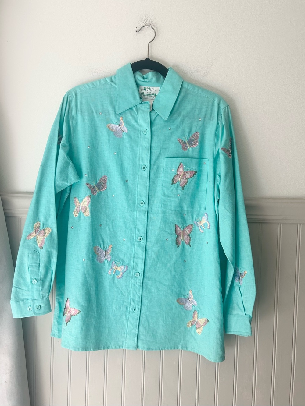 Vintage Quacker Factory Butterfly Rhinestone Button Down Shirt Small